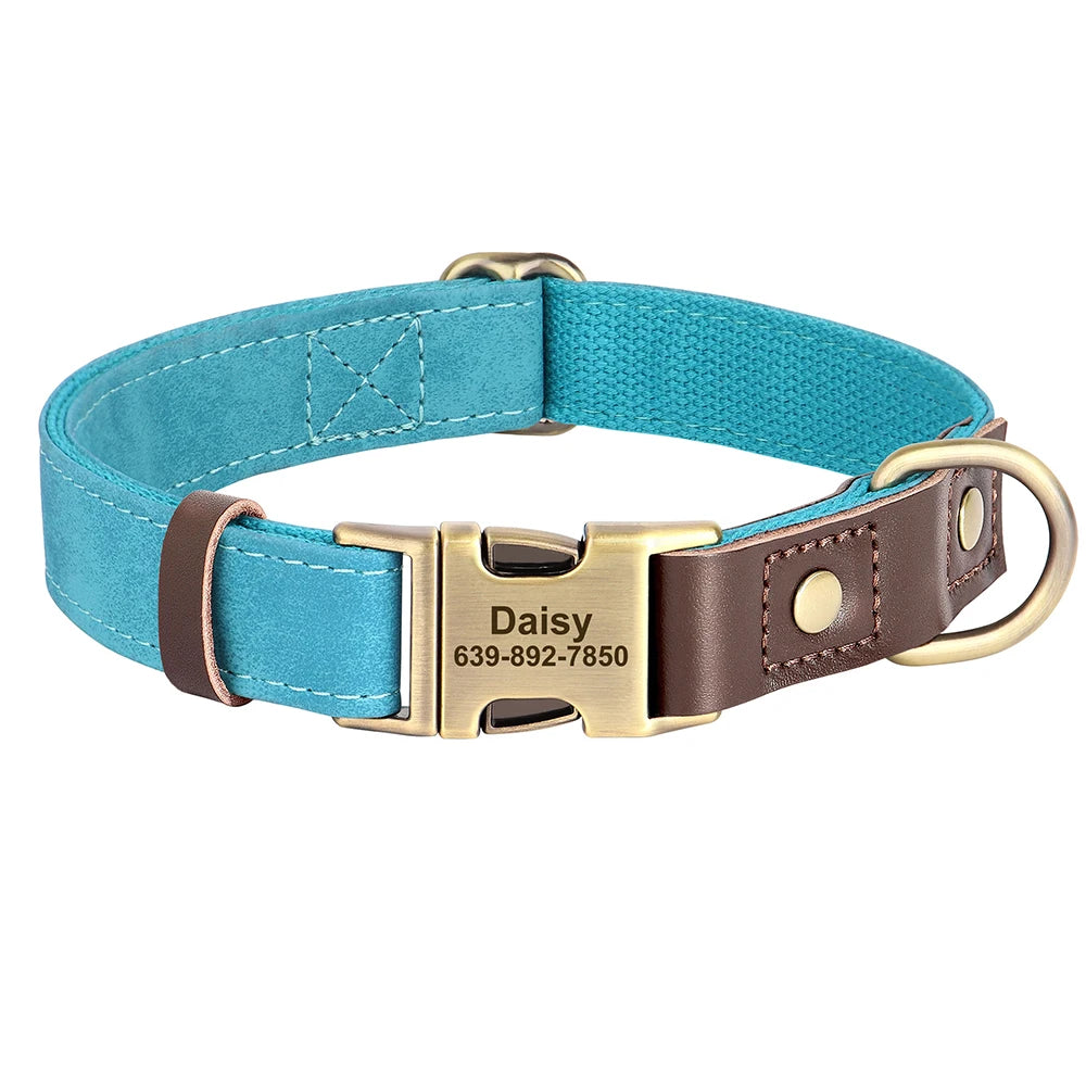 Customized Dog Collar Durable PU Leather Dog Collars Engraved Pet ID Necklace with Metal Buckle for Small Medium Large Dogs Pug