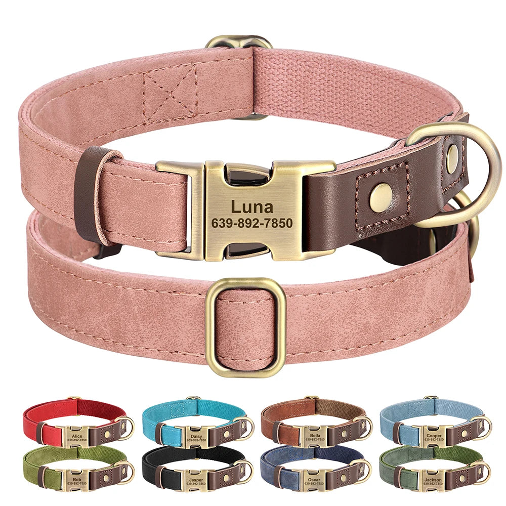 Customized Dog Collar Durable PU Leather Dog Collars Engraved Pet ID Necklace with Metal Buckle for Small Medium Large Dogs Pug