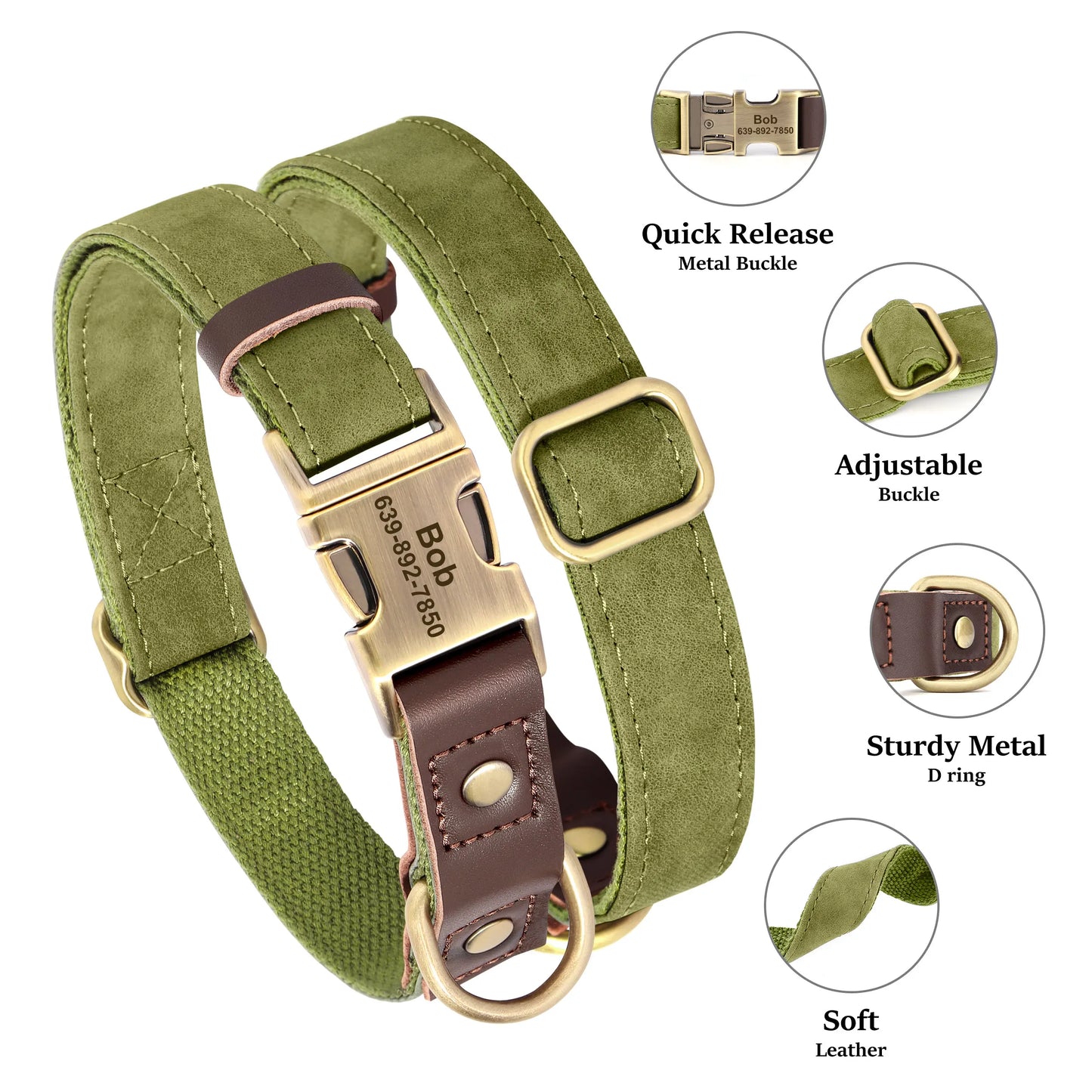 Customized Dog Collar Durable PU Leather Dog Collars Engraved Pet ID Necklace with Metal Buckle for Small Medium Large Dogs Pug